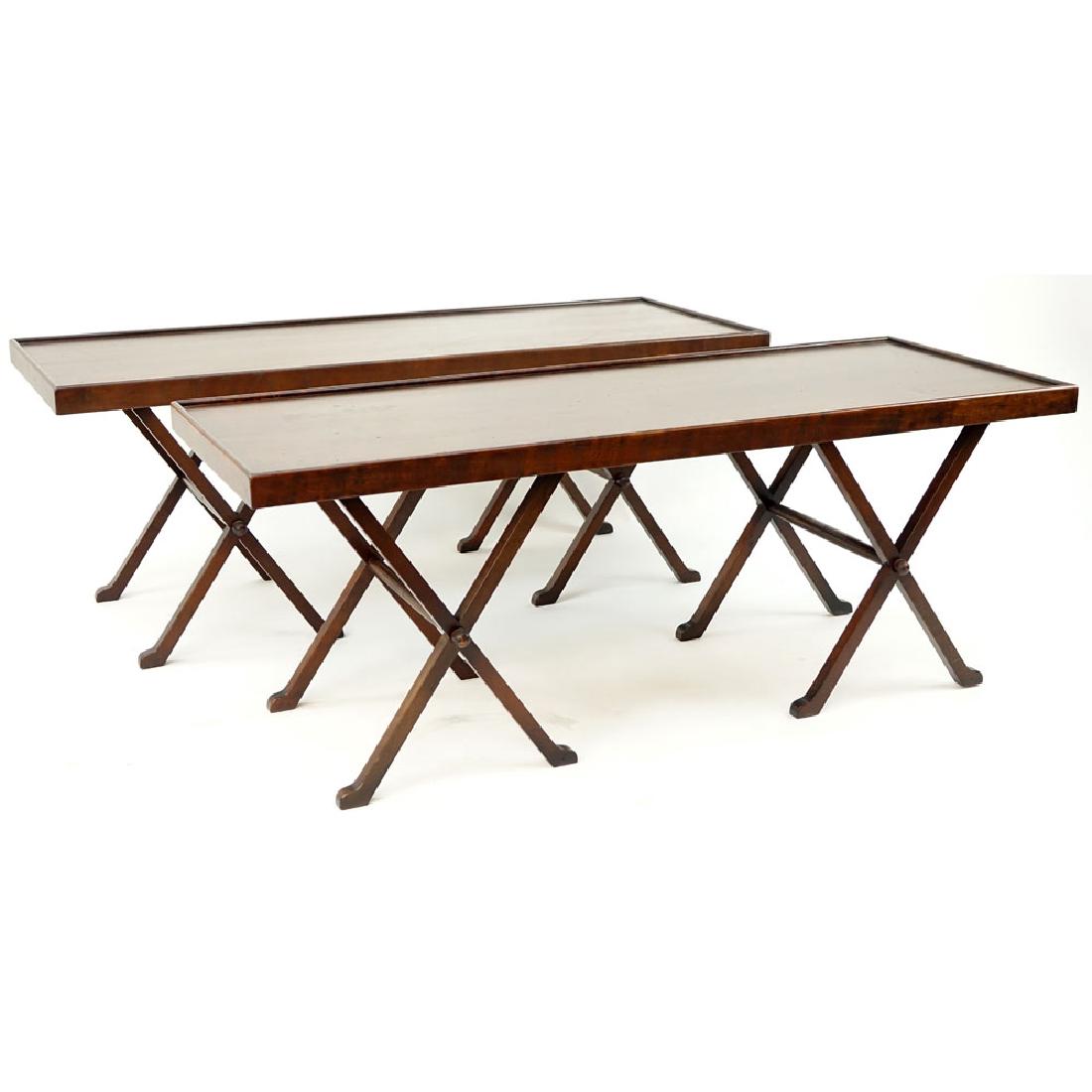 Pair of Vintage Mahogany Tea Tables. Unsigned. Good: Pair of Vintage Mahogany Tea Tables. Unsigned. Good condition. Each measures 19" H x 48" L x 18" D. Shipping: Third party. (estimate $200-$300)