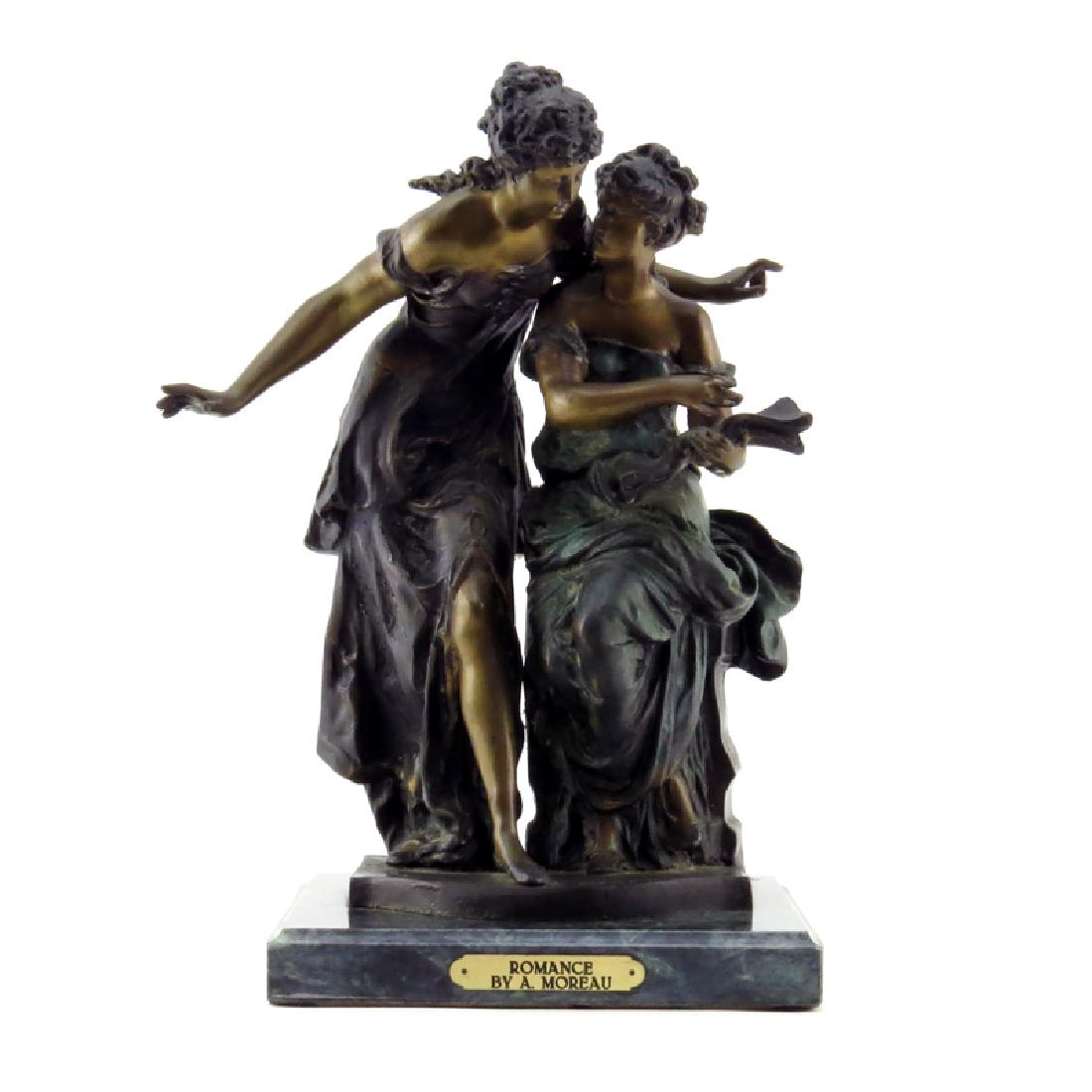 After: Auguste Moreau, French (1834-1917) "Romance": After: Auguste Moreau, French (1834-1917) "Romance" Bronze Sculpture on Marble Base. Signed and dated 1880. Provenance tag to front and foundry mark on obverse side. Bronze measures 16" H x 12-1/2" W,