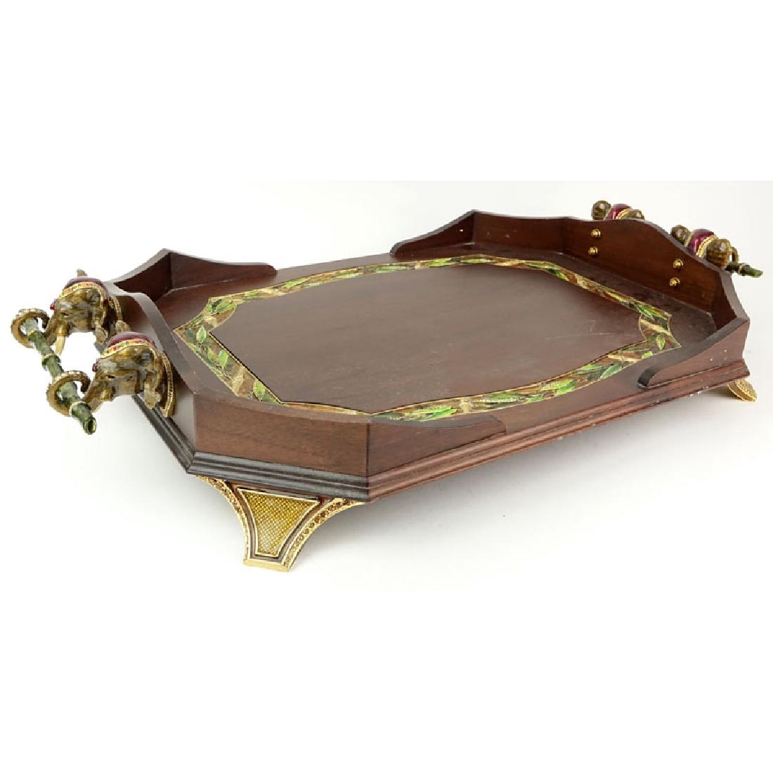 Limited Edition Jay Strongwater Wood and Enamel: Limited Edition Jay Strongwater Wood and Enamel Elephant Handled Tray. Inlaid enamel leaf motif to tray, enamel jeweled elephant handles, standing jeweled enamel interwoven style tapering feet. Metal 