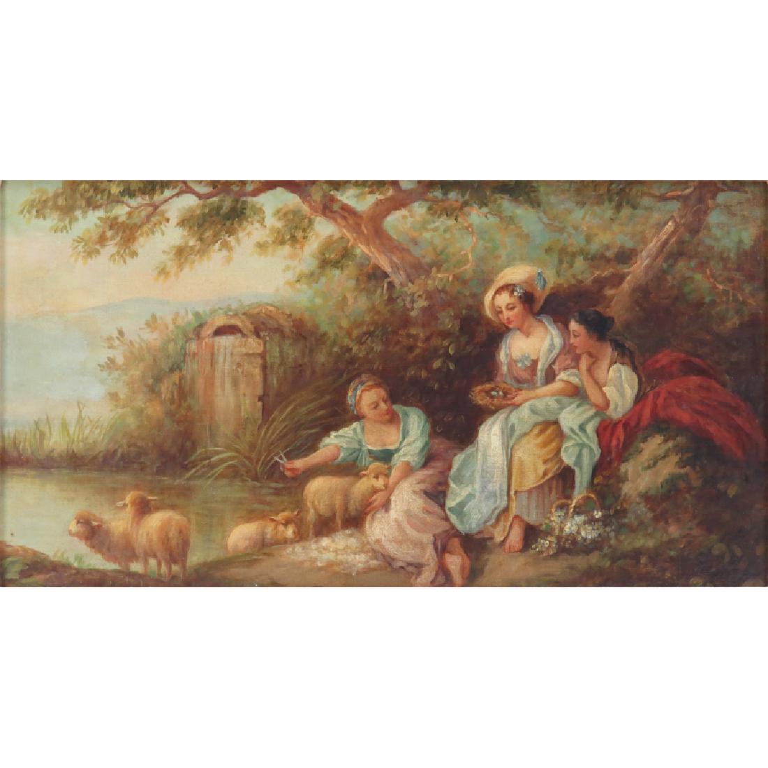 In The Style Of John Honore Fragonard, French: In The Style Of John Honore Fragonard, French (1732-1806) Oil on board "Maiden's By The Waters Edge" Unsigned. Good condition. Measures 13" x 24-1/4", frame measures 17-1/2" x 28-1/2". Shipping $115.0