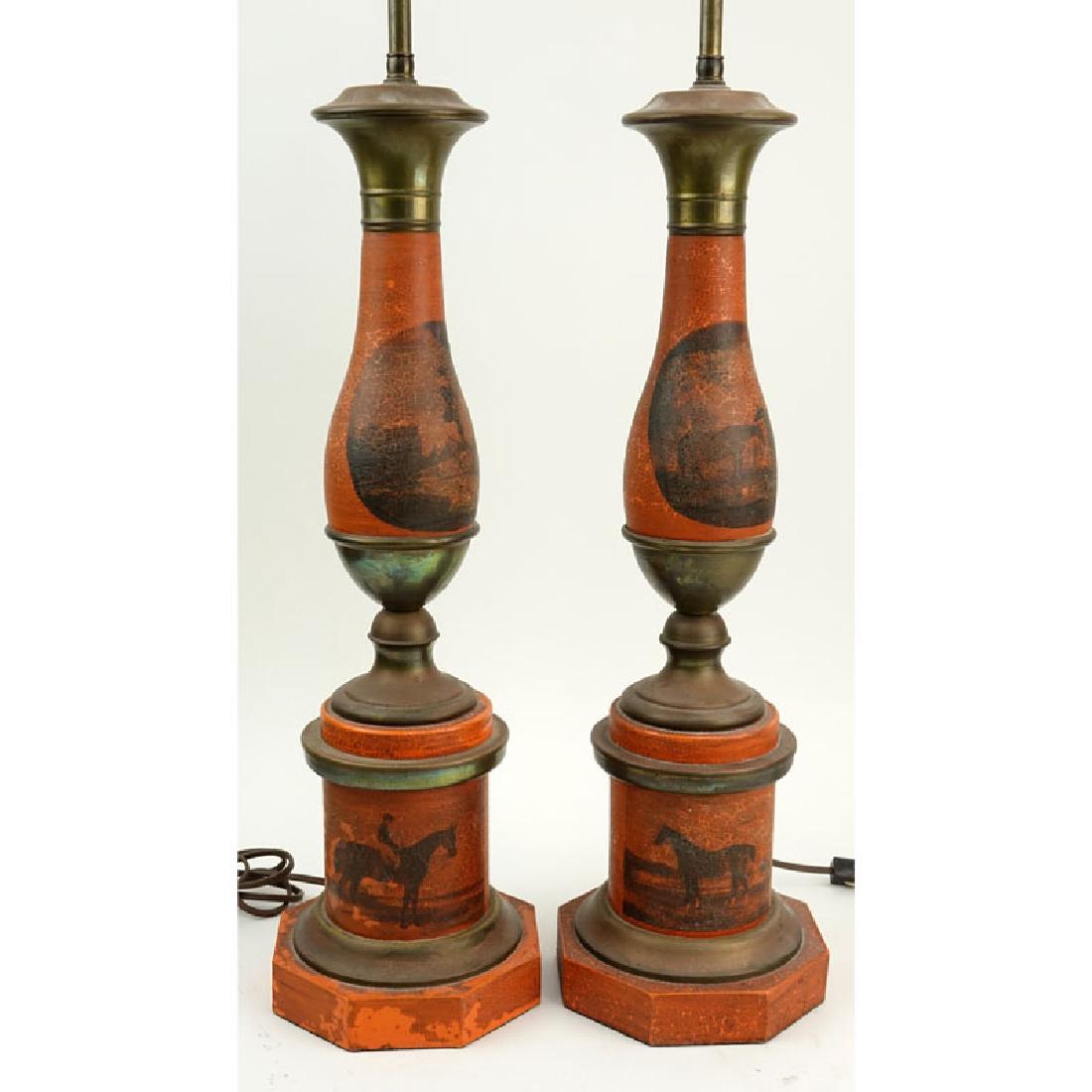 Pair of Vintage Tole Lamps. Horses motif. Unsigned. (1 of 6)