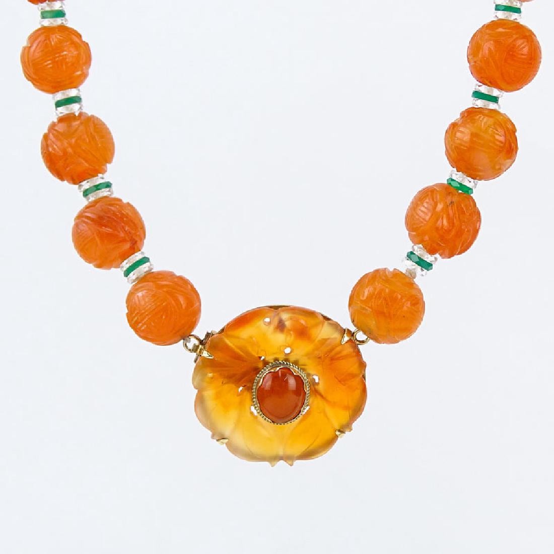 Art Deco Carved Carnelian, Rock Crystal, Chrysoprase: Art Deco Carved Carnelian, Rock Crystal, Chrysoprase and 14 Karat Yellow Gold Necklace. Marked 14K to clasp. Beads measure 13.5mm. Necklace measures 16" L. Approx. weight: 81.6 grams. Shipping $32.00 