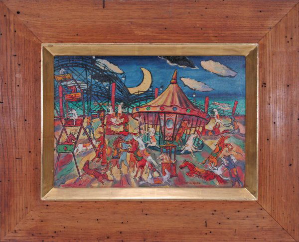 Maurice Kish Russian-American-Brooklyn (born1898-: Maurice Kish Russian-American-Brooklyn (born1898- ) Oil on Board "Carnival" Signed Lower Right Original Artist Label En Verso with Title. Very Good Condition. Measures 10 Inches by 14 Inches, Frame Me