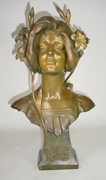 Julien Cadet Causse French ( -died1914) Bronze Scu: Julien Cadet Causse French ( -died1914) Bronze Sculpture with Greenish Patina. Polychrome Art Nouveau Bronze Bust "Lys" Signed J. Causse Side of Base. Foundry Mark LU22 inside Square. Very Good Condit