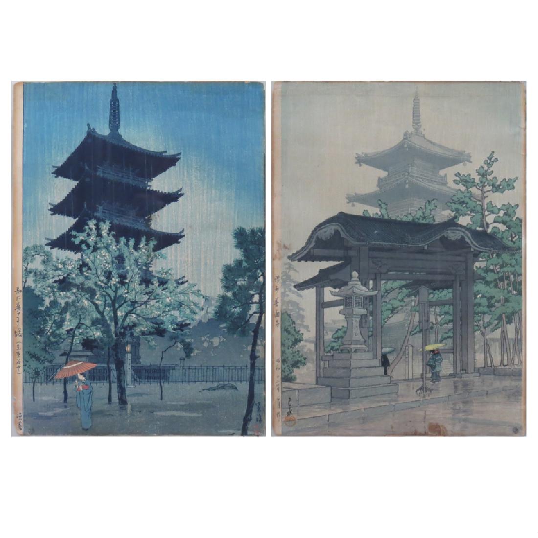 Two (2) Vintage Japanese Woodblock Prints "Rain", (1 of 7)