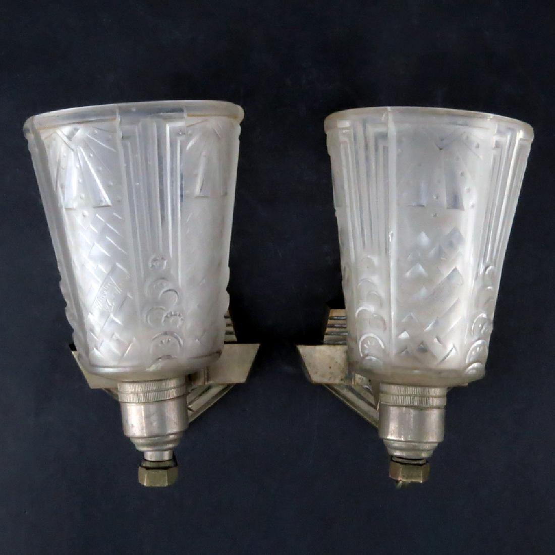 Pair of French Art Deco Sabino Style Frosted Glass Wall (1 of 3)