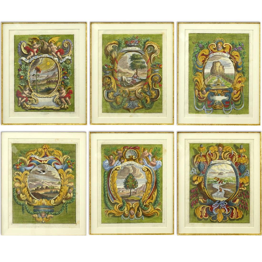 Gabriel Ehinger, German (1652-1736) Six (6) 17-18th: Gabriel Ehinger, German (1652-1736) Six (6) 17-18th Century Hand Colored Engravings. Each depicting a landscape scene within a cartouche of cherubs, Fruit and flora. One signed within plate. Toning, o