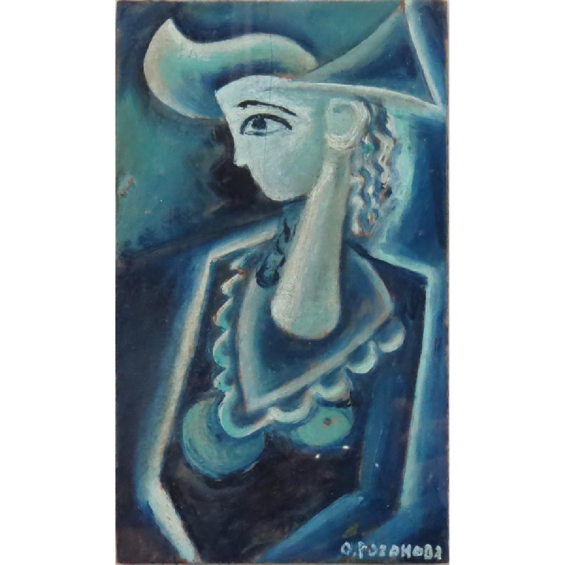 Olga Rozanova, Russian (1886 - 1918) Oil on wood panel: Olga Rozanova, Russian (1886 - 1918) Oil on wood panel "Cubist Portrait Of A Woman". Signed lower right in Cyrillic. Split in panel or in good condition. Measures 8-1/4" x 4-7/8", frame measures 14-1/