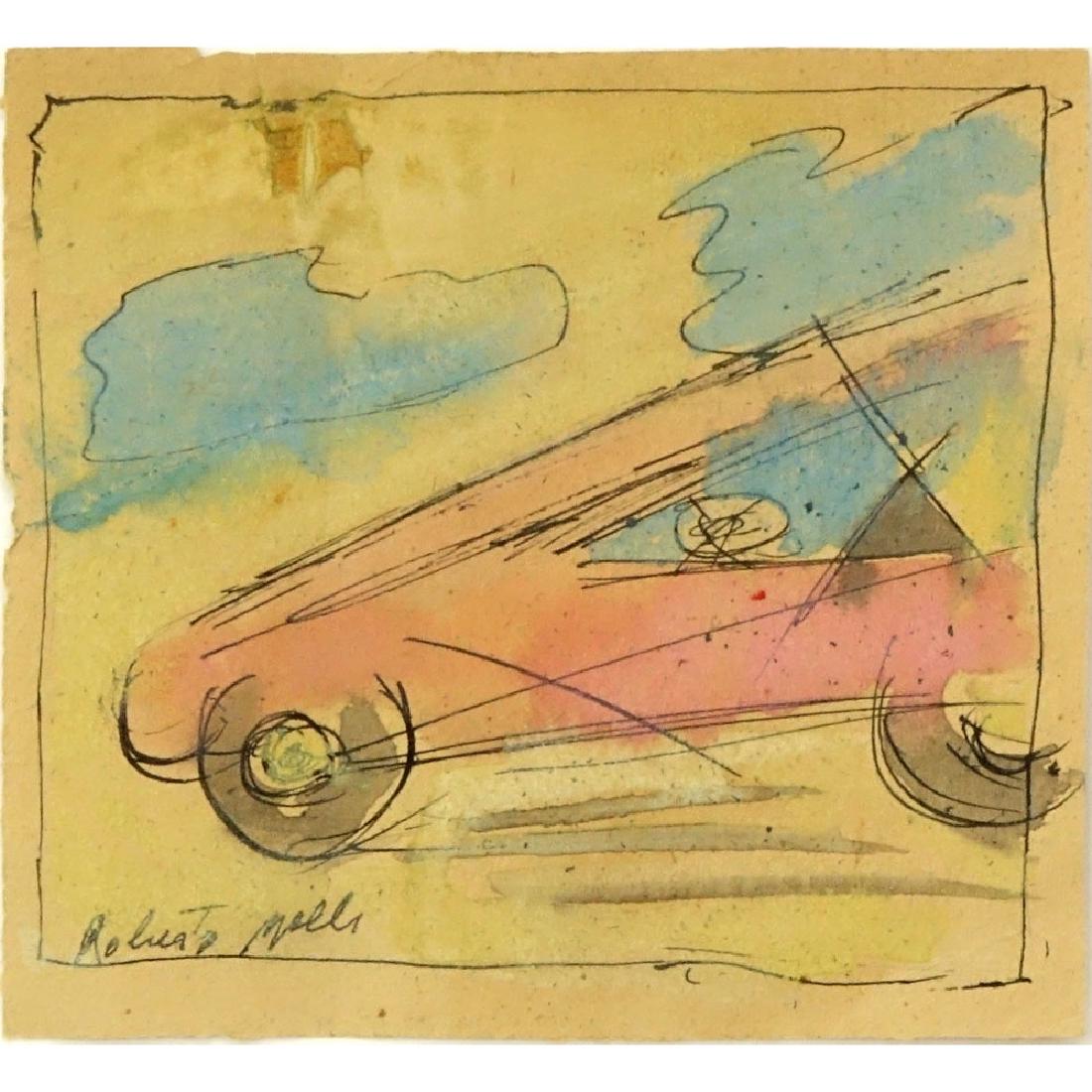 Roberto Melli, Italian (1885-1958) Ink and watercolor: Roberto Melli, Italian (1885-1958) Ink and watercolor on paper. "Futurist Sketch". Signed. Partially affixed to cardboard, toning from age, rough edges. Measures 5-1/8" x 5-5/8". Shipping $48.00 (esti