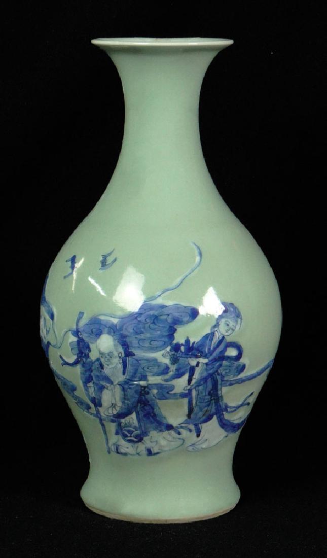 Chinese Blue Decorated Celadon Porcelain Bottle Vase.: Chinese Blue Decorated Celadon Porcelain Bottle Vase. Unsigned. Repaired Damage to Neck "As Is" Condition, Please Examine Carefully Before Bidding. Measures 15-1/2 Inches Tall and 7-1/2 Inches Wide. S