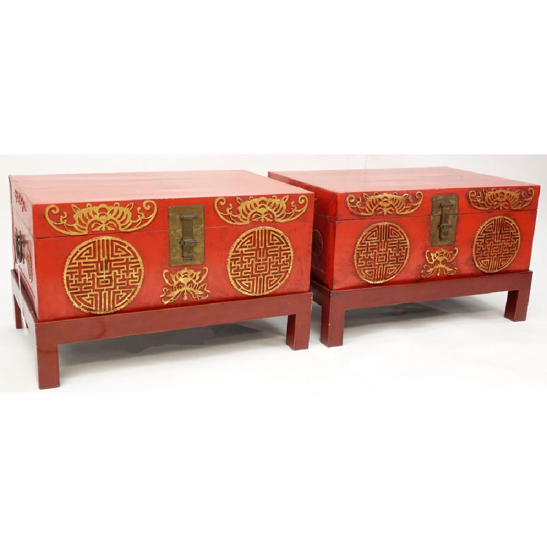 Pair of Chinese Red Lacquered Pigskin Storage Chests on (1 of 4)