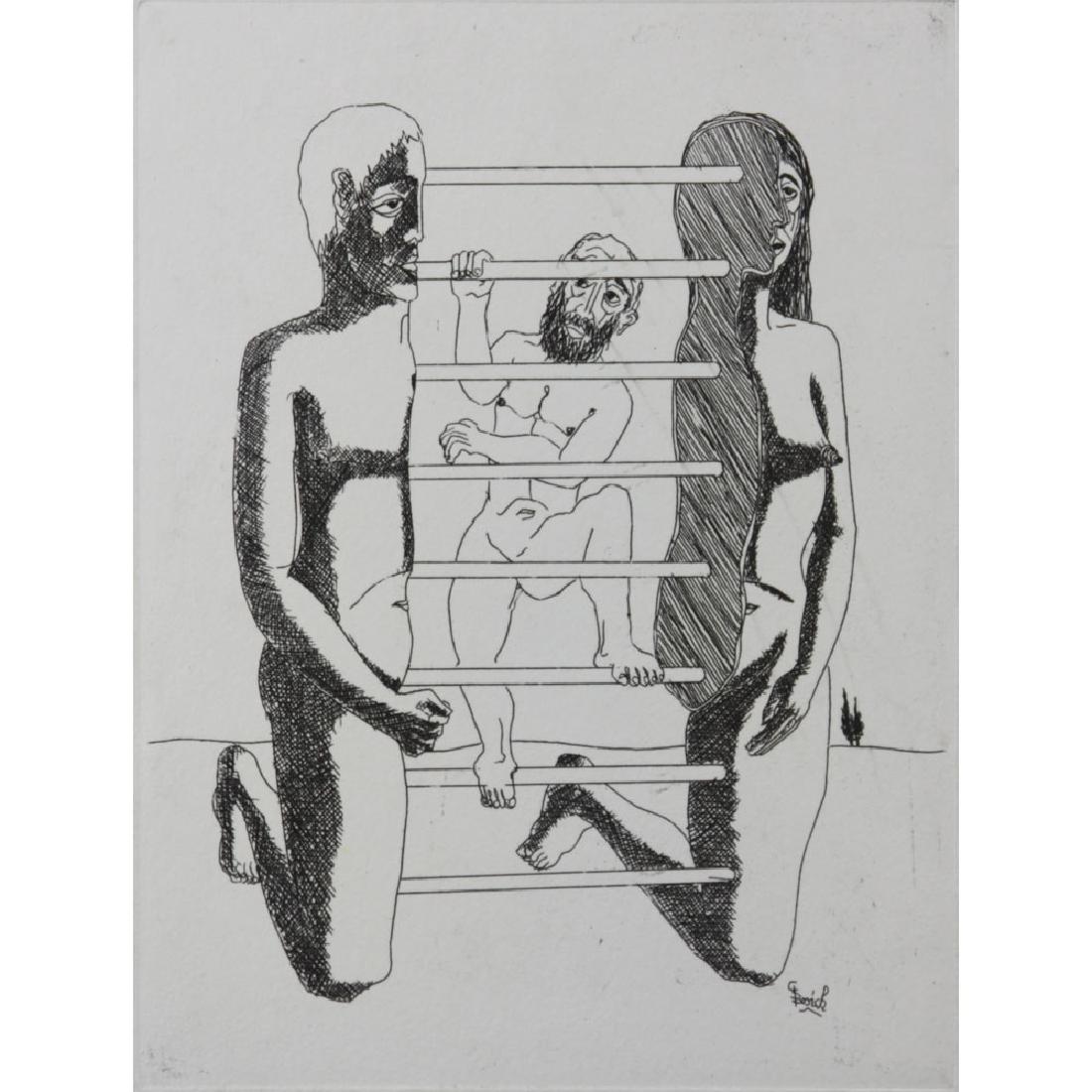 Patricio (Pato) Bosich, Chilean (b-1978) Impressionist: Patricio (Pato) Bosich, Chilean (b-1978) Impressionist Drypoint "Untitled" Pencil Signed Lower Right. Numbered 64/70. Unframed, Kept in matting. Minor spotting, good condition. Measures 19-1/2" H x 13