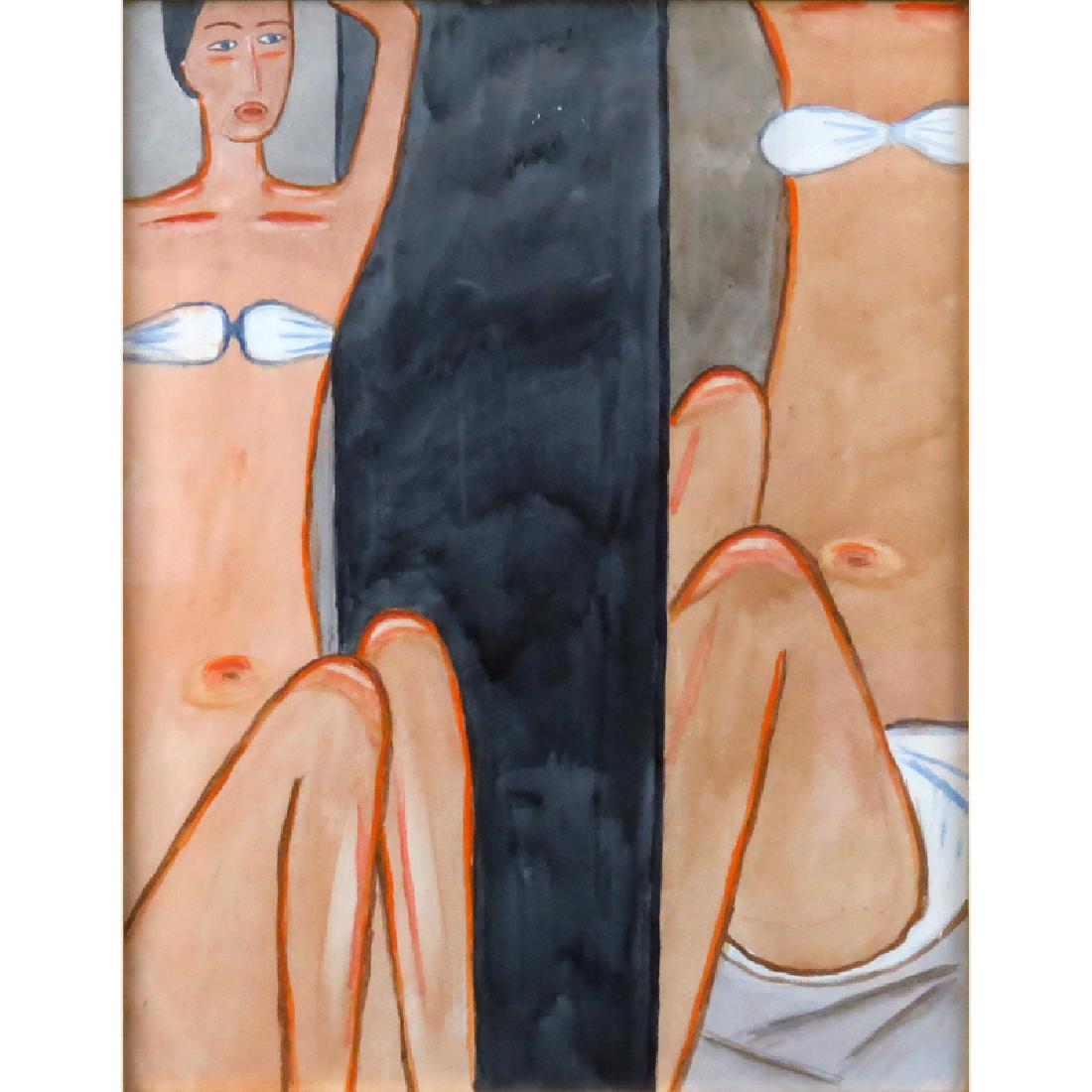 After: Jerzy Nowosielski, Polish (1923-2011) Watercolor: After: Jerzy Nowosielski, Polish (1923-2011) Watercolor on paper "Women In Swimsuits" Unsigned. Inscribed en verso. Good condition. Measures 21-3/4" x 17", frame 25-1/2" x 20-1/2". Shipping $75.00 (es