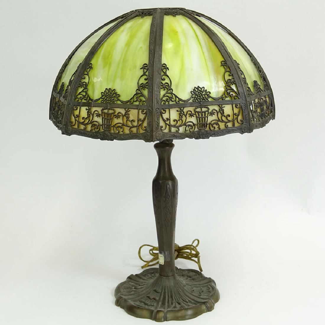 Antique Green Slag Glass Table Lamp with Metal Overlay (1 of 6)