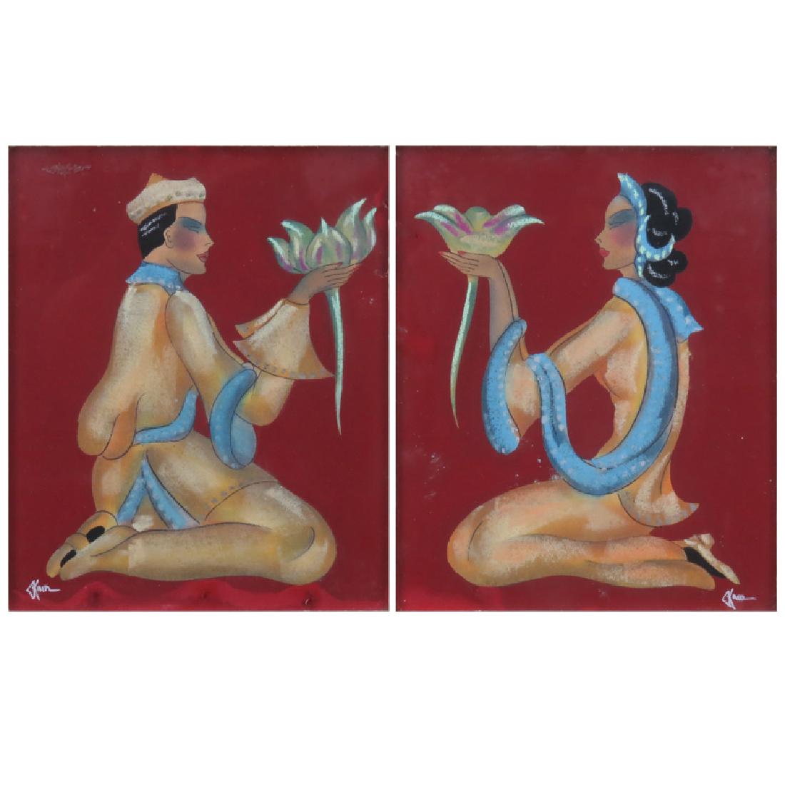 Gustave Kaitz, American (1913 - 1992) Pair Watercolor: Gustave Kaitz, American (1913 - 1992) Pair Watercolor and pastel on paper "Asian Figures With Flowers". Signed lower left and lower right, original labels en verso. Stains or in good condition. Measur