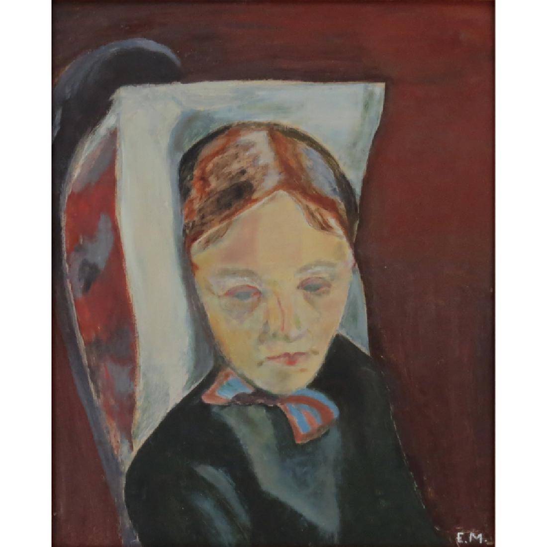 after: Edvard Munch, Norwegian (1863-1944) Oil on: after: Edvard Munch, Norwegian (1863-1944) Oil on Panel, Portrait of a Woman. Signed EM lower right. Good condition. Measures 18" H, 15" W; frame measures 25-1/4" H, 22-1/4" W. Shipping $165.00 (estim