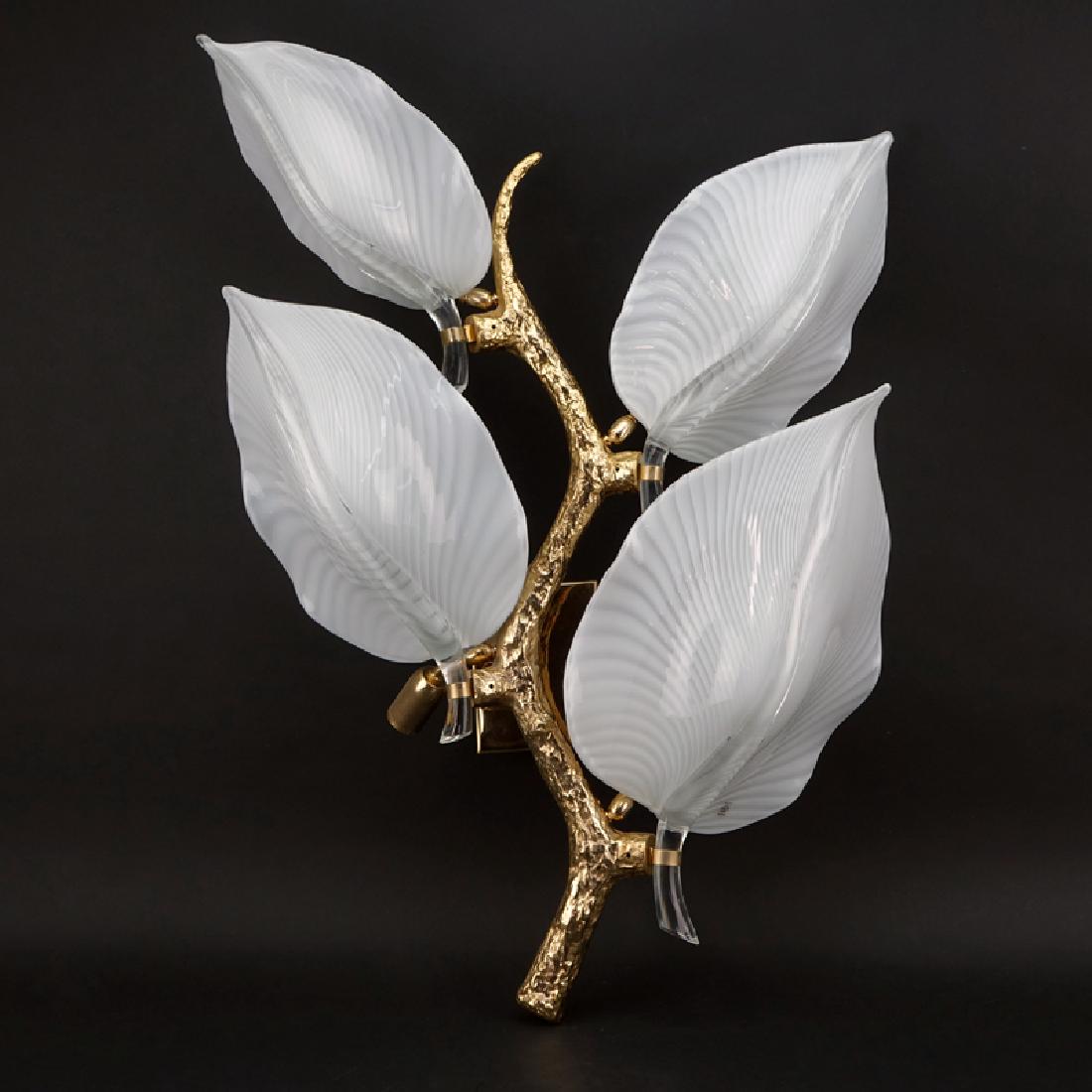 Mid Century Murano Italian Gilt Chrome and Glass Wall: Mid Century Murano Italian Gilt Chrome and Glass Wall Sconce by Franco Luce. Includes 4 large glass leaf form inserts mounted on gilt twig form frame. Original Murano labels affixed on surface. Good c