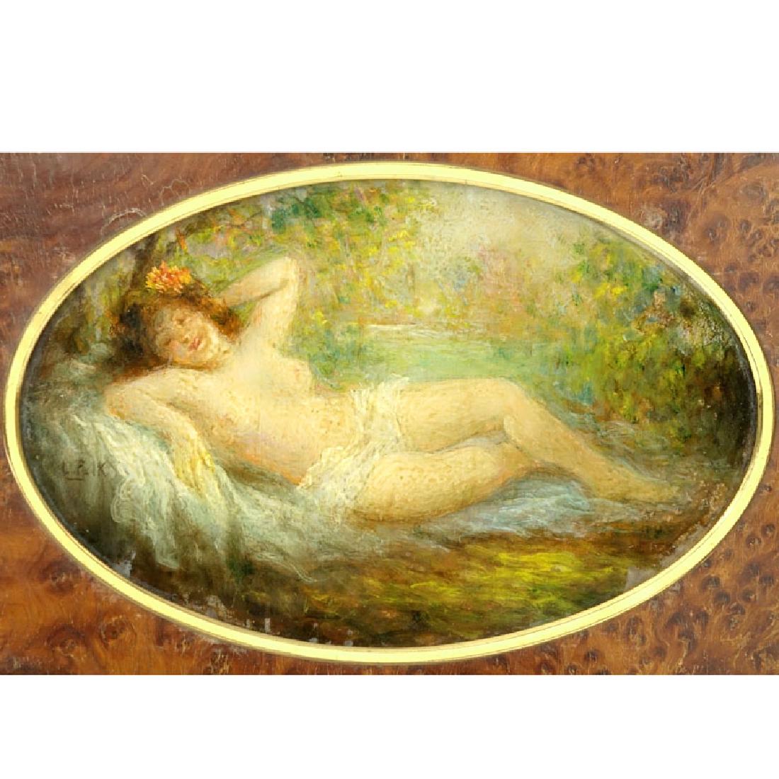 19th Century European School Gouache on Panel: 19th Century European School Gouache on Panel "Reclining Nude In Landscape". Signed lower left (illegible). Good condition. Measures 5" x 8" (oval), frame measures 8-1/4" x 11". Shipping $58.00 (estim
