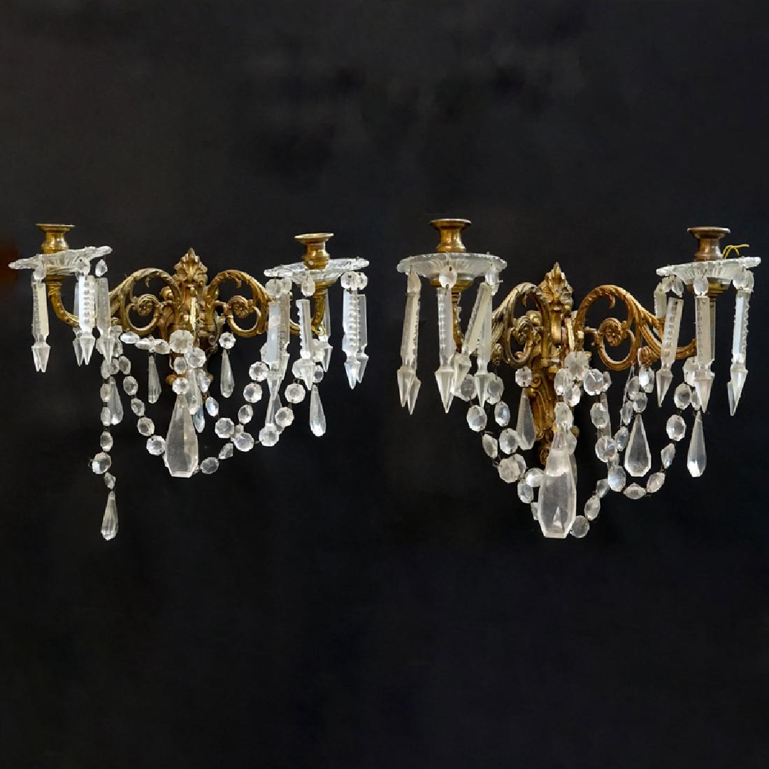 Pair of Gilt Brass and Crystal Wall Sconces. Rubbing to (1 of 5)