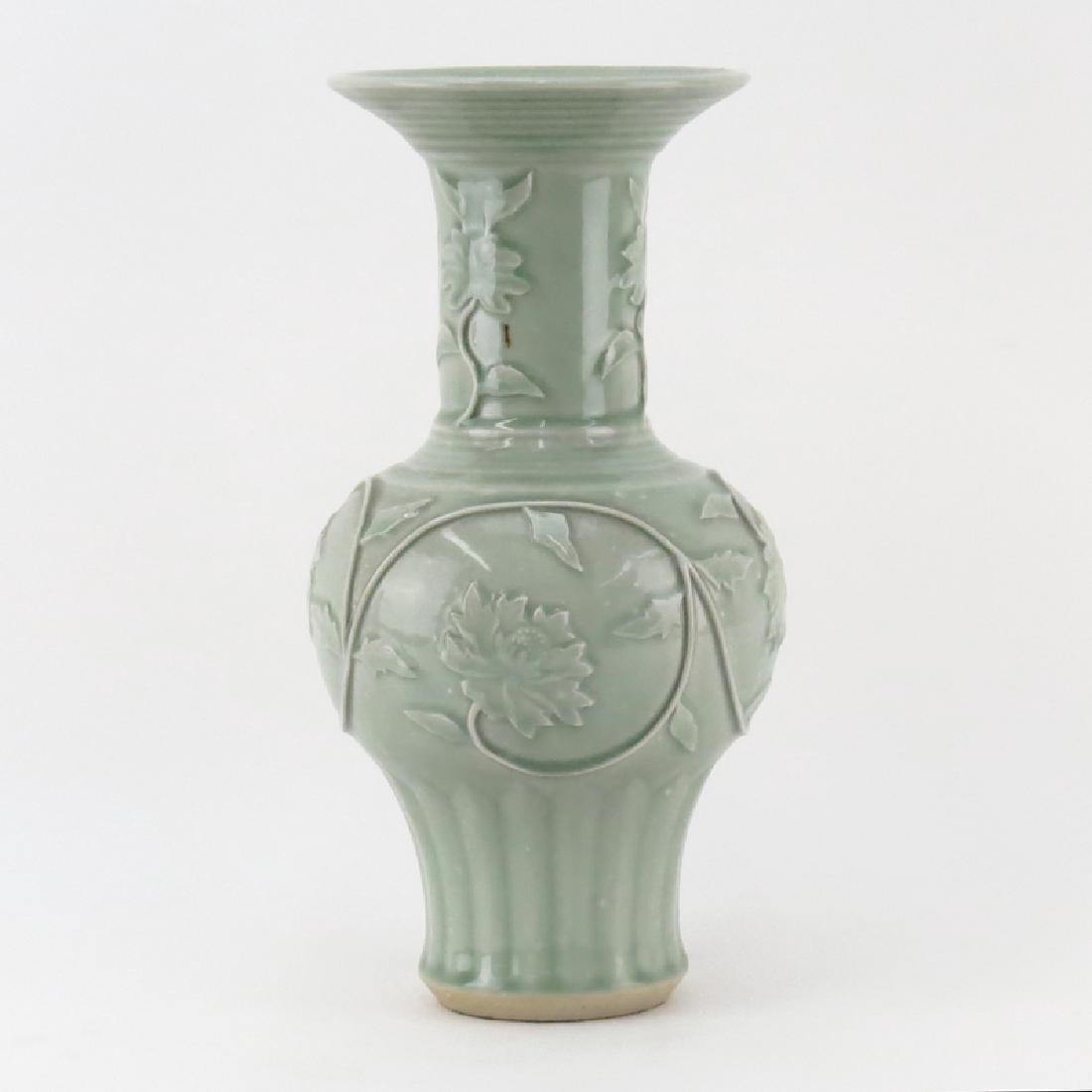 Chinese Ming Style Lung Quan Ware Vase. Raised floral (1 of 4)