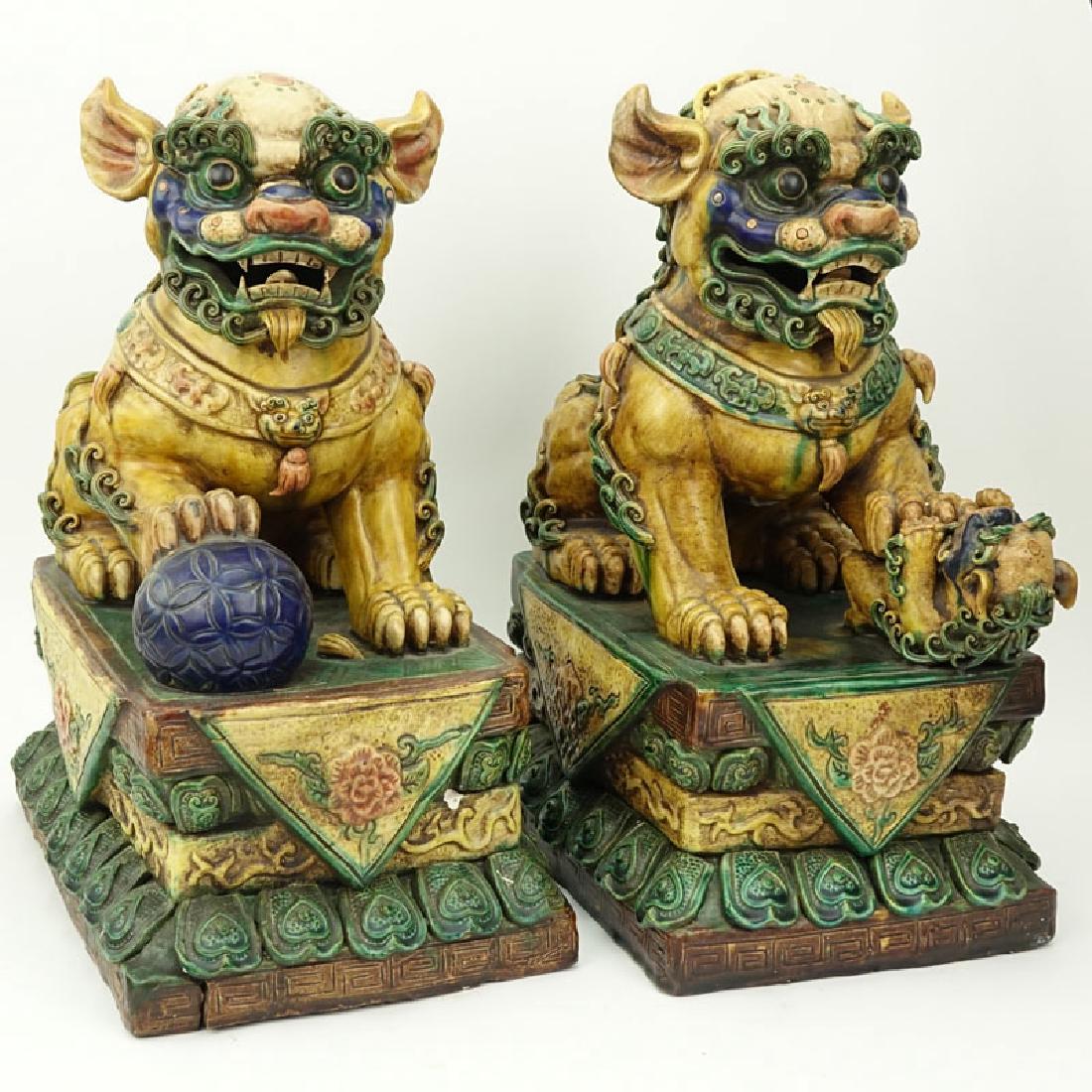 Pair of Large Chinese Polychrome Pottery Foo Dogs. (1 of 6)
