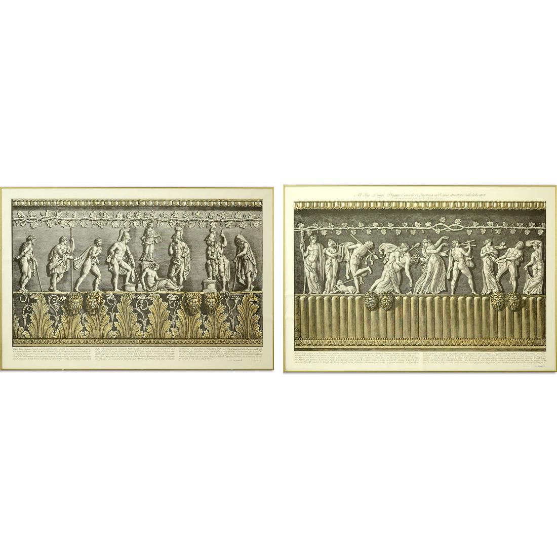 Two (2) Ornamental Frieze Engravings After Francesco: Two (2) Ornamental Frieze Engravings After Francesco Piranesi, Italian (born circa 1758-1810). Edizione Ponte Vecchio. Publisher's Fleur de lis blindstamp or otherwise unsigned. Laid down on foam boar