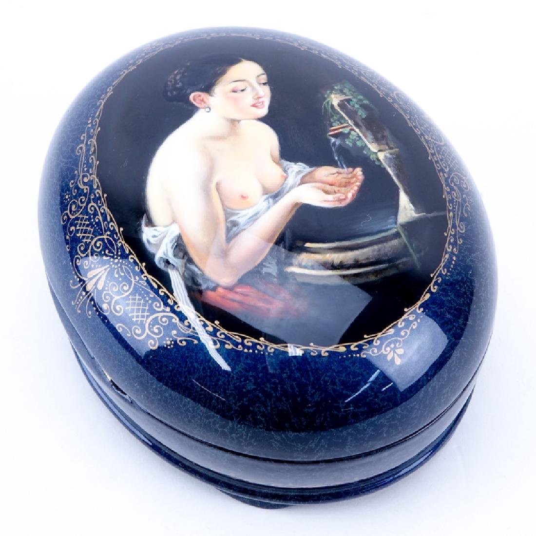 Russian Erotic Lacquered Paper Mache Box. Signed. Oval: Russian Erotic Lacquered Paper Mache Box. Signed. Oval form with nude scene to top and erotic scene verso of the lid. Good condition. Measures 2-1/2" H x 4-1/4" W x 5-1/2" Long. Shipping $44.00 (estim