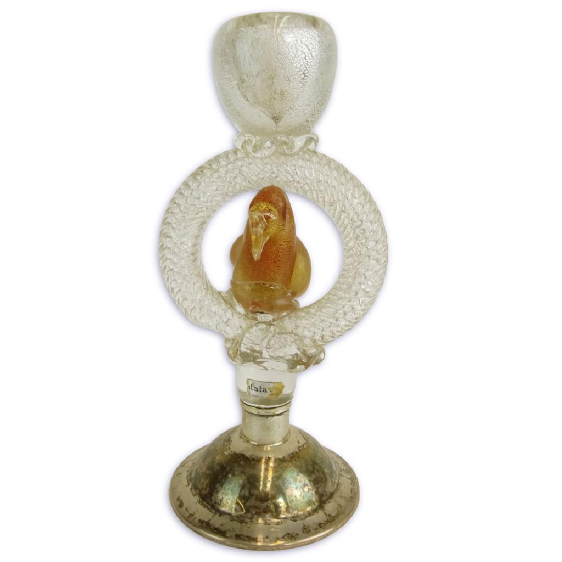 Vintage Murano Glass Bird Candlestick on Silver Base.: Vintage Murano Glass Bird Candlestick on Silver Base. Old label (p)lata, the base with Italian hallmarks. Loss to tail or in good condition. Measures 8-1/2" H. Shipping $45.00 (estimate $50-$100)