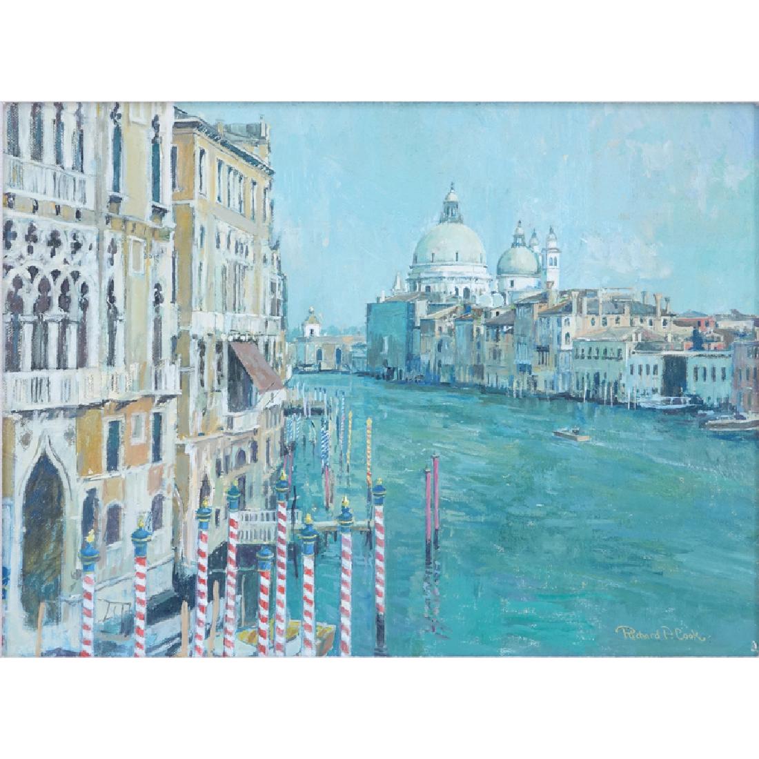 Richard P. Cook, British RBA (20th Century) Oil on: Richard P. Cook, British RBA (20th Century) Oil on Canvas "Grand Canal and Salute, Venice" Signed Lower Right. Artist signed and titled en verso. Good Condition. Canvas measures 12" H x 16" W, Frame m