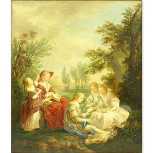 After Carle van Loo, French (1705-1765) Oil on canvas: After Carle van Loo, French (1705-1765) Oil on canvas "Reading". Unsigned. Several spots of minor losses. Measures 22" x 18", frame measures 30" x 26". Shipping: Third party. (estimate $1500-$2500)