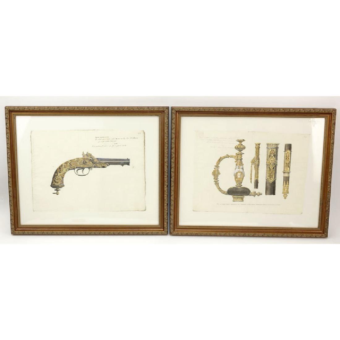 Two Engravings Of 19th Century Weapons on 18th Century: Two Engravings Of 19th Century Weapons on 18th Century documents. Includes: 19th Century sword hilts hand colored with 24 karat gold highlights. Document bears inscription " Spada d'onore in dimesioni