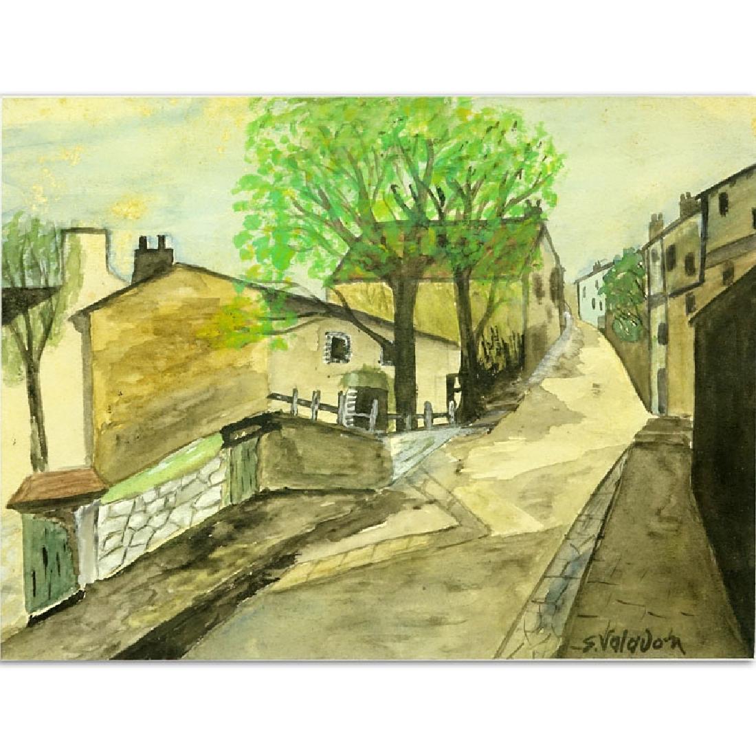 Attributed to: Suzanne Valadon, French (1865 - 1938): Attributed to: Suzanne Valadon, French (1865 - 1938) Watercolor "French Village Scene". Signed lower right. Toning from age or in good condition. Measures 7-1/2" x 10", frame measures 12-1/4" x 15-1/4