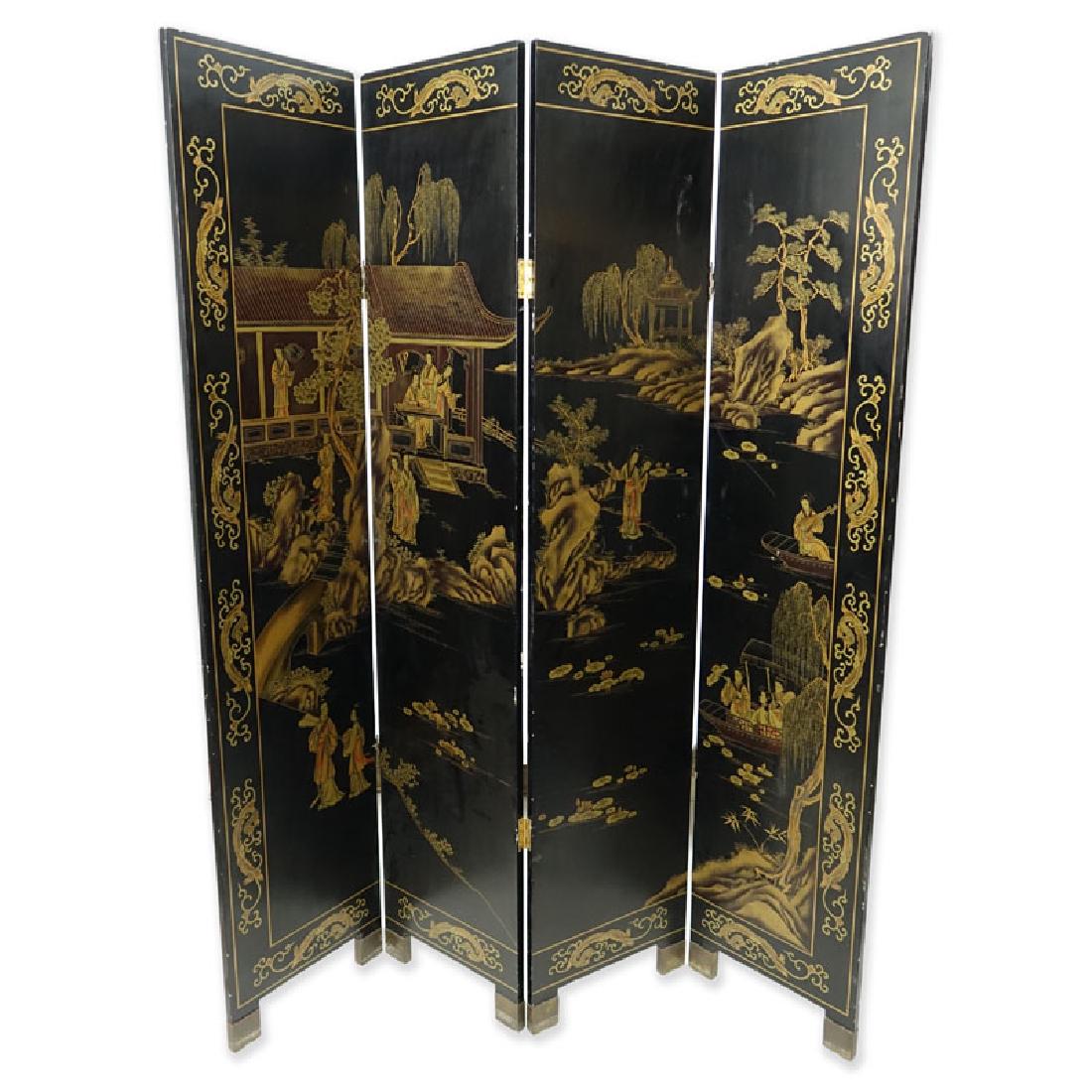 Modern Chinese Lacquered 4 Panel Screen. Village scene (1 of 4)