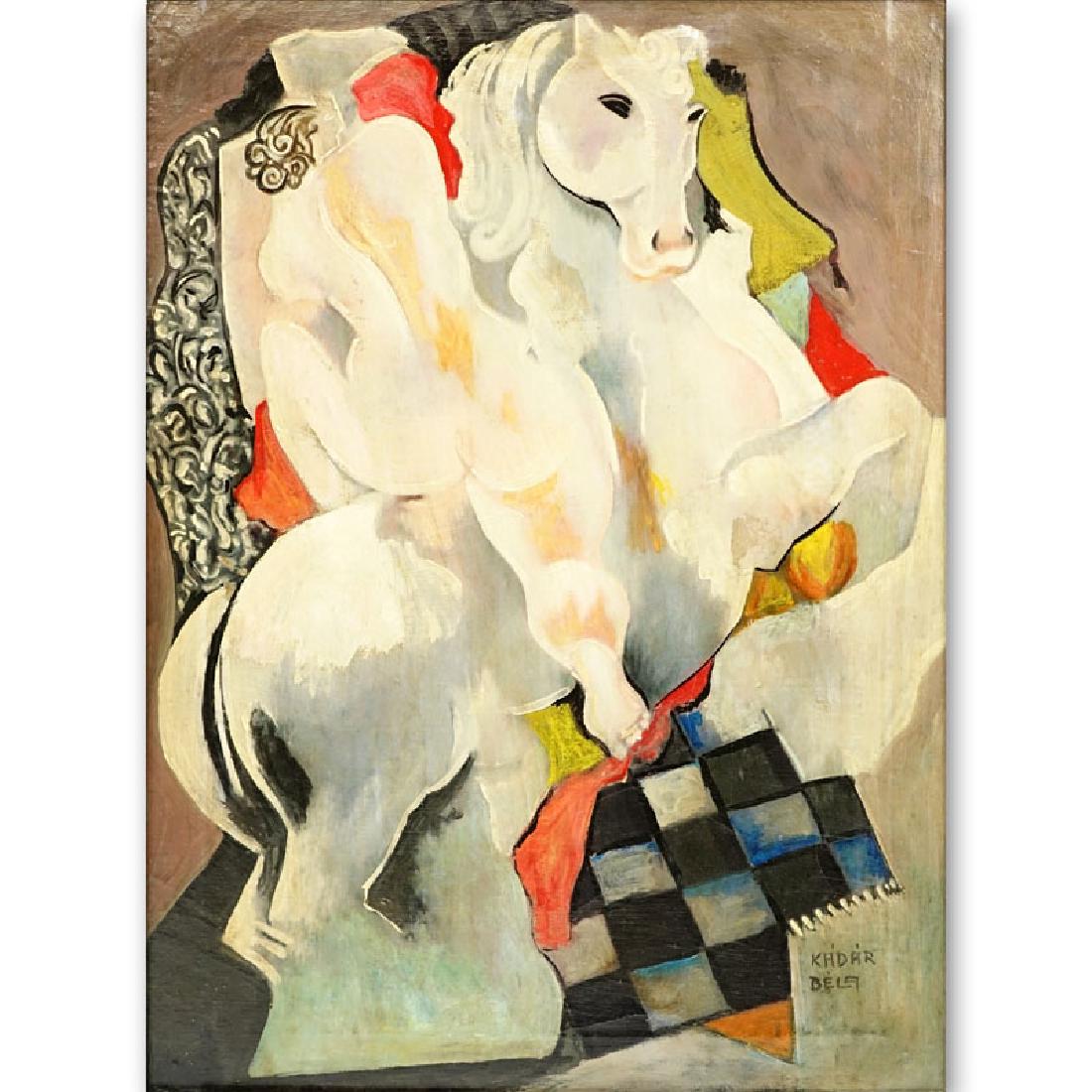 Attributed to: Bela Kadar, Hungarian (1877-1956) Oil: Attributed to: Bela Kadar, Hungarian (1877-1956) Oil on canvas "Female Nude On White Horse" Signed lower right. Minor losses upper center or in good condition. Measures 29-1/2" x 21-1/2", frame 30-1/2