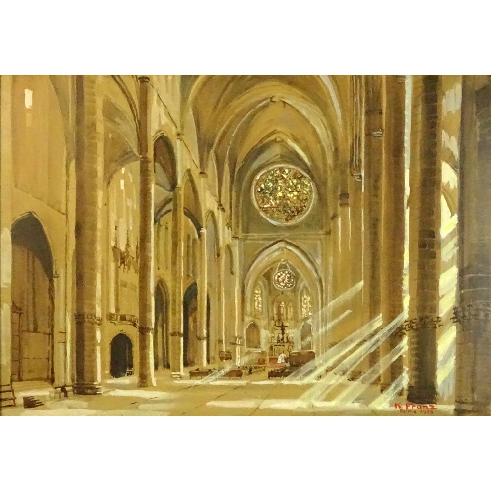 K. Franz (20th Century) Watercolor and Highlights: K. Franz (20th Century) Watercolor and Highlights "Church Interior with Streaming Sunlight" Signed Lower Right and Dated 1959. Very Good Condition. Measures 21 Inches by 29-1/4 Inches, Frame Measures 