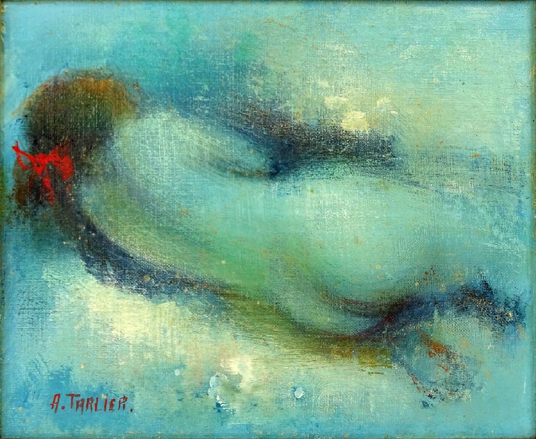 Decorative 20th Century Oil on Canvas "Reclining Nude": Decorative 20th Century Oil on Canvas "Reclining Nude" Signed A. Tarlier Lower Left. Good condition. Measures 8-3/4" x 10-3/4", frame measures 13-1/4" x15-1/2". Shipping $85.00 (estimate $50-$100)