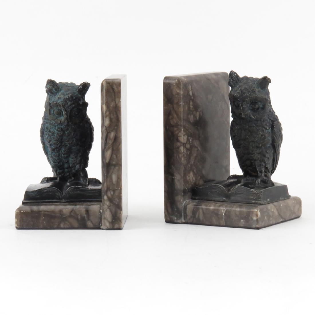 Pair of Italian White Metal and Marble Owl Bookends. (1 of 3)