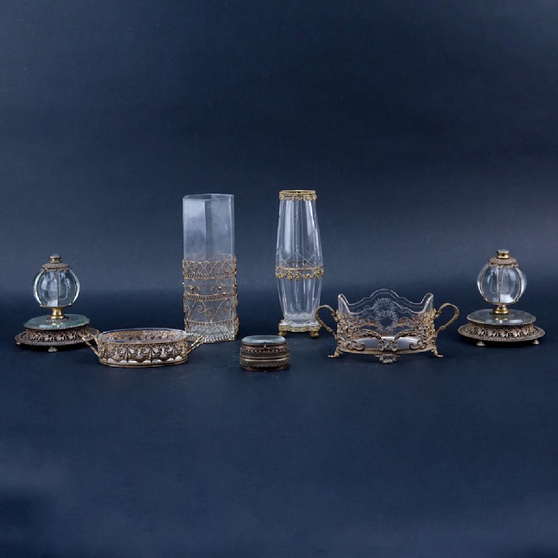 Grouping of Seven (7) Antique Brass Mounted Glassware. (1 of 3)