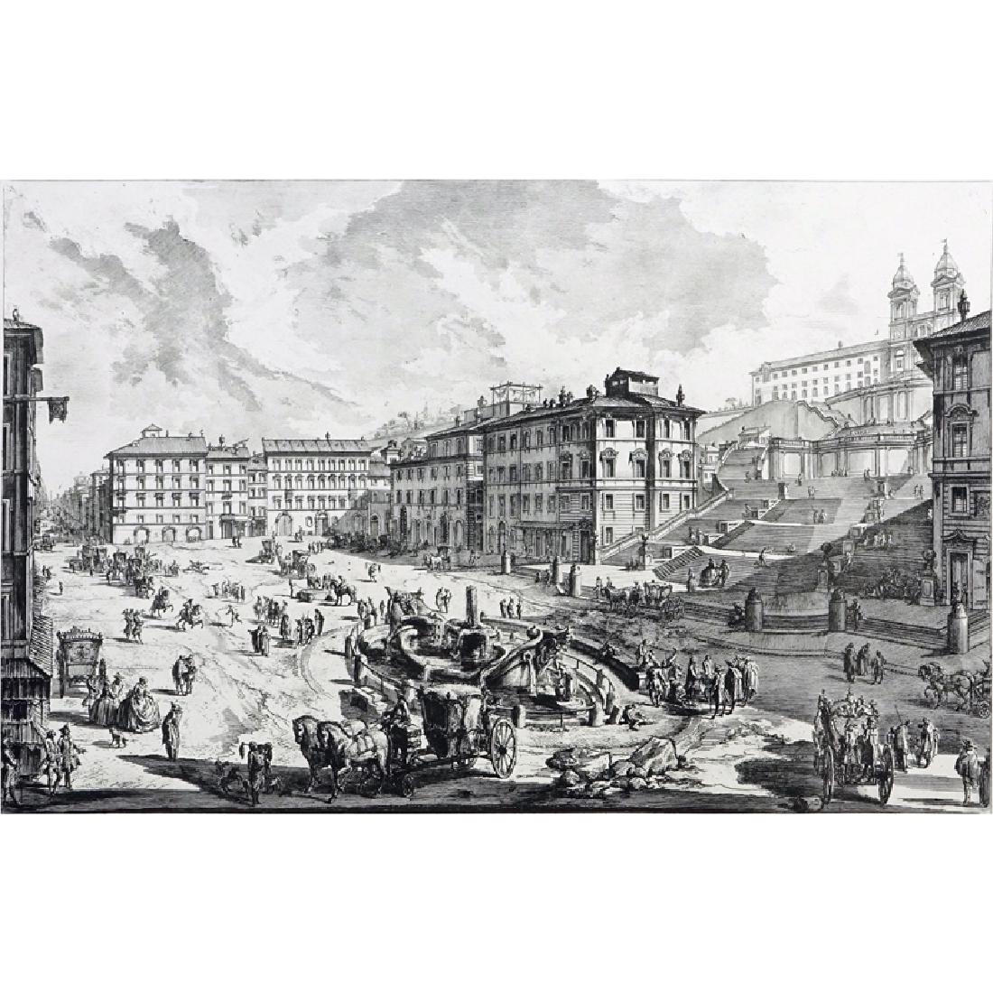 After: Giovanni Battista Piranesi, Italian (1720-1778): After: Giovanni Battista Piranesi, Italian (1720-1778) Etching "Veduta di Piazza di Spagna". Unsigned. Toning, stains, small tears. Full sheet measures 22-1/4" x 30-3/4". Shipping: Third party. (estim
