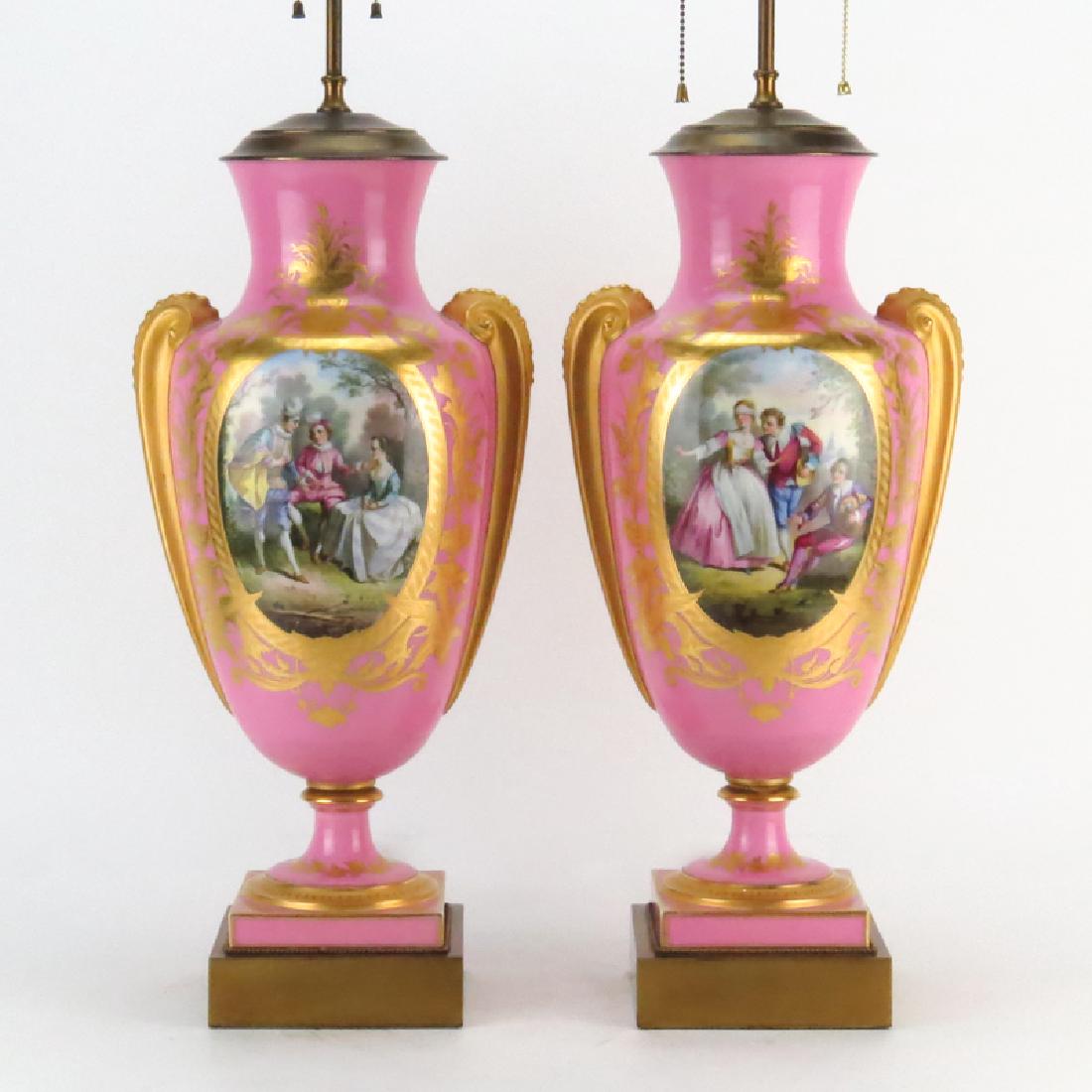 Pair of Antique Sevres Style Porcelain Urn Lamps. Gilt (1 of 5)