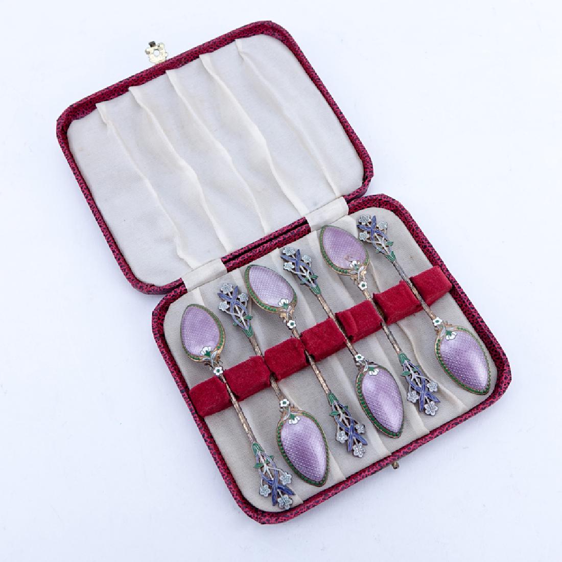 Set of Six (6) 950 Silver Enameled Demitasse Spoons. (1 of 3)
