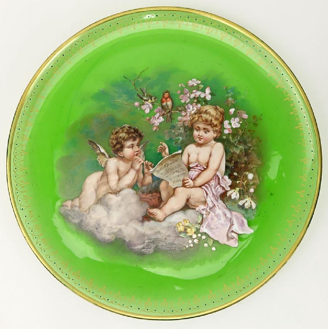 Antique Hand Painted Green Glass Platter. Decorated (1 of 3)