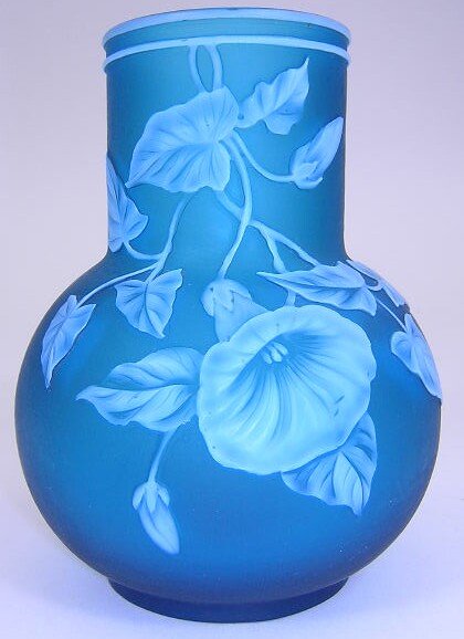 Signed Thomas Webb & Sons English Cameo Art Glass: Signed Thomas Webb & Sons English Cameo Art Glass "Morning Glory" Vase with Blue Ground and Carved White Overlay and Trademark Butterfly Back of Vase. Signed Under Base Molded Signature Thomas Webb &