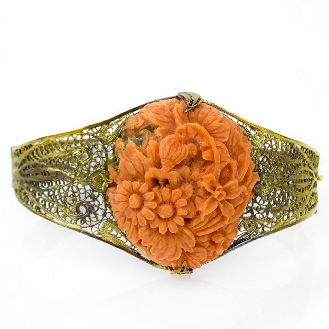 Antique Carved Red Coral and Silver Filigree Bangle (1 of 5)