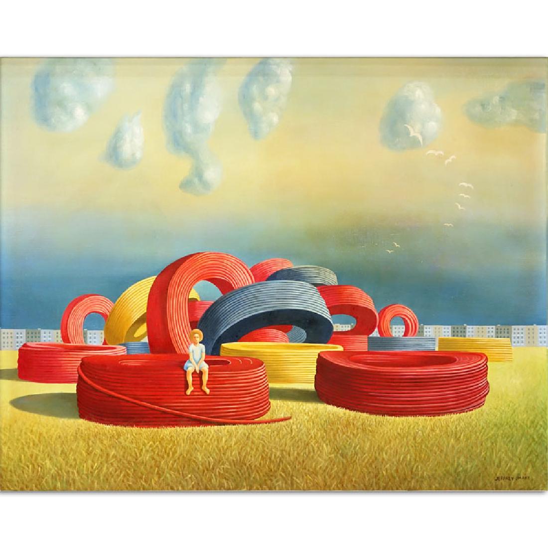 After: Jeffrey Smart, Australian (1921 - 2013) oil on: After: Jeffrey Smart, Australian (1921 - 2013) oil on canvas "Girl On Cables". Signed lower right. Good condition. Measures 41" x 52", frame measures 47" x 58-1/2". Shipping: Third party. (estimate $6