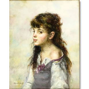 Attributed to: Alexej Alexejewitsch Harlamoff, Russian: Attributed to: Alexej Alexejewitsch Harlamoff, Russian (1840-1925) Watercolor, Portrait of Young Girl. Signed lower left. Very good condition. Measures 23-1/2" H, 18-1/2" W (sight); frame measures: 31