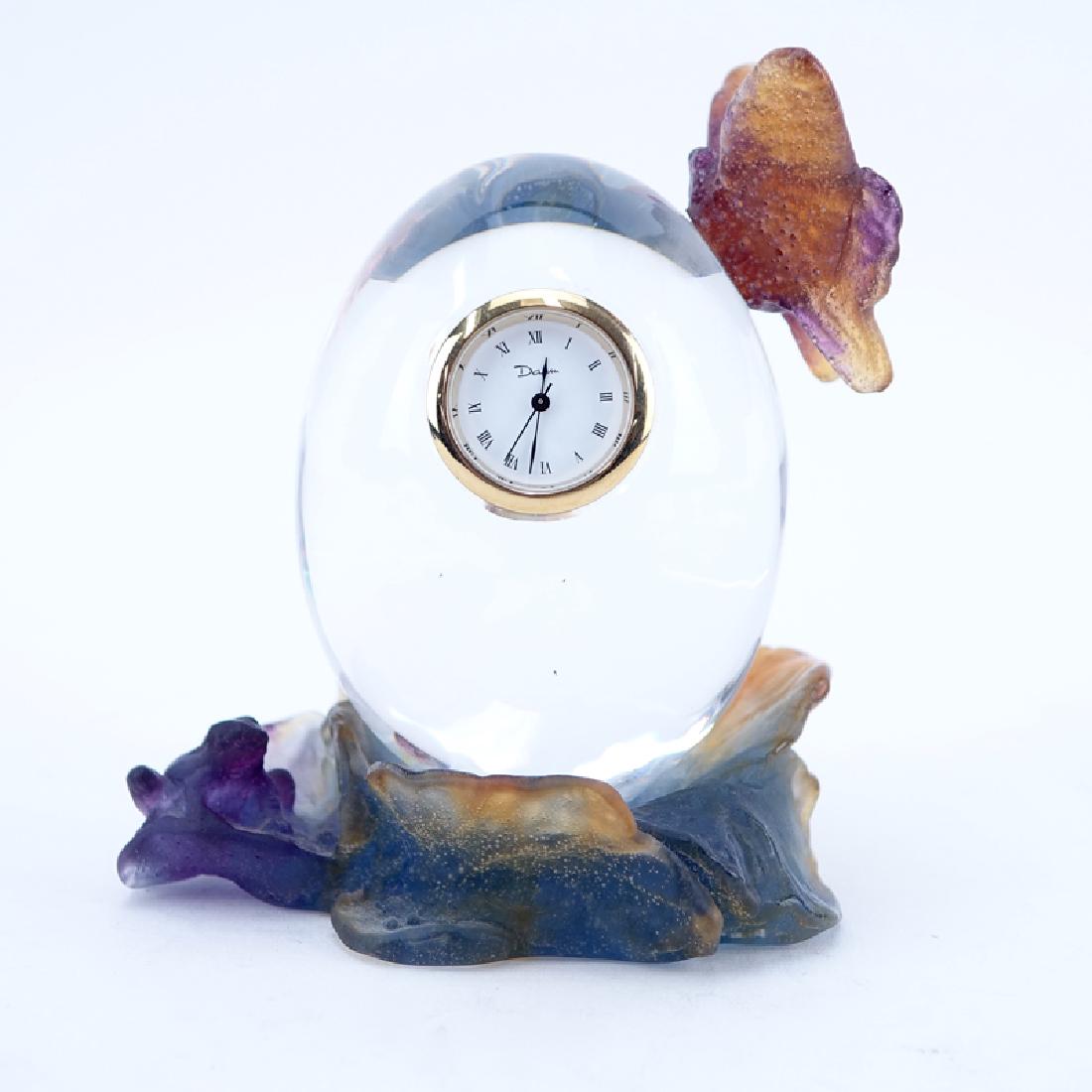 Daum France Pate de Verre Butterfly on Clear Egg Clock.: Daum France Pate de Verre Butterfly on Clear Egg Clock. Signed. Needs batteries, small flea bite above clock or else good condition. Measures 4" H. Shipping $38.00 (estimate $100-$150)