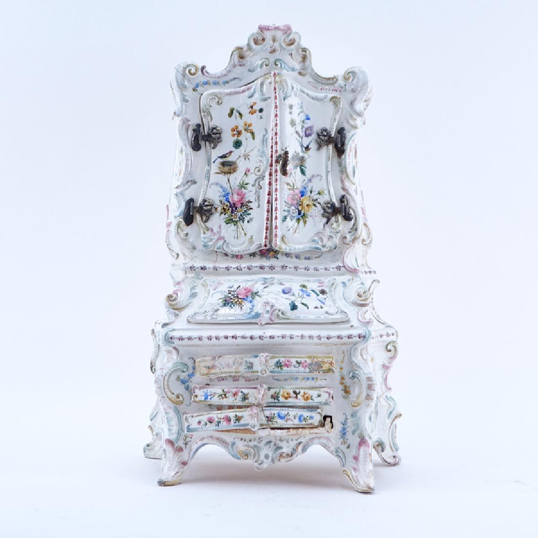 18/19th Century Italian Faience Tabletop Armoire.: 18/19th Century Italian Faience Tabletop Armoire. Signed R. Passarin verso. In "As Is" condition, has been professionally restored. Measures 18-1/2" H x 11-1/4" W x 6-1/2" Depth. Shipping: Third party