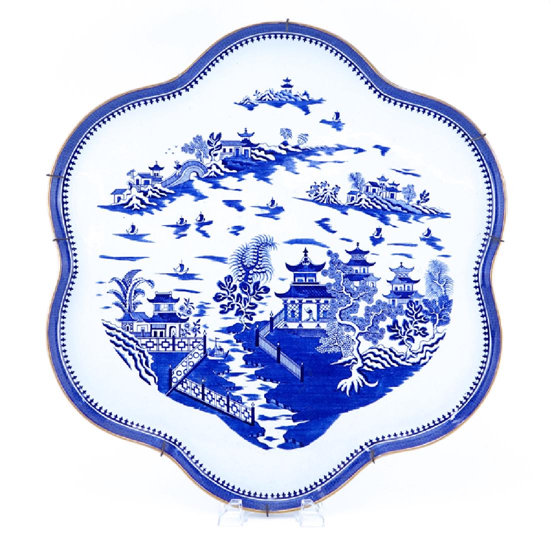 Large Royal Worcester "Blue Willow" Blue and White: Large Royal Worcester "Blue Willow" Blue and White Porcelain Tray. Signed. Rubbing to gilt or else good condition. Measures 20" H x 18-1/4" W. Shipping: Third party. (estimate $50-$100)