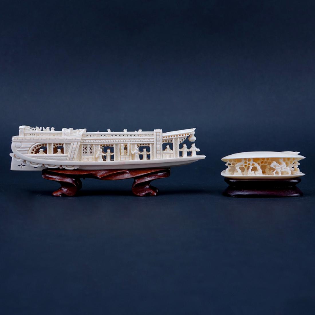 Antique Chinese Ivory Junk Ship and Clam Shell Carvings (1 of 5)